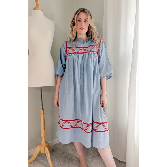 70s Blue Krist Gudnason for Rainbow Trim Cotton 1970s Vintage Midi Shift Dress - Picture 15 of 15